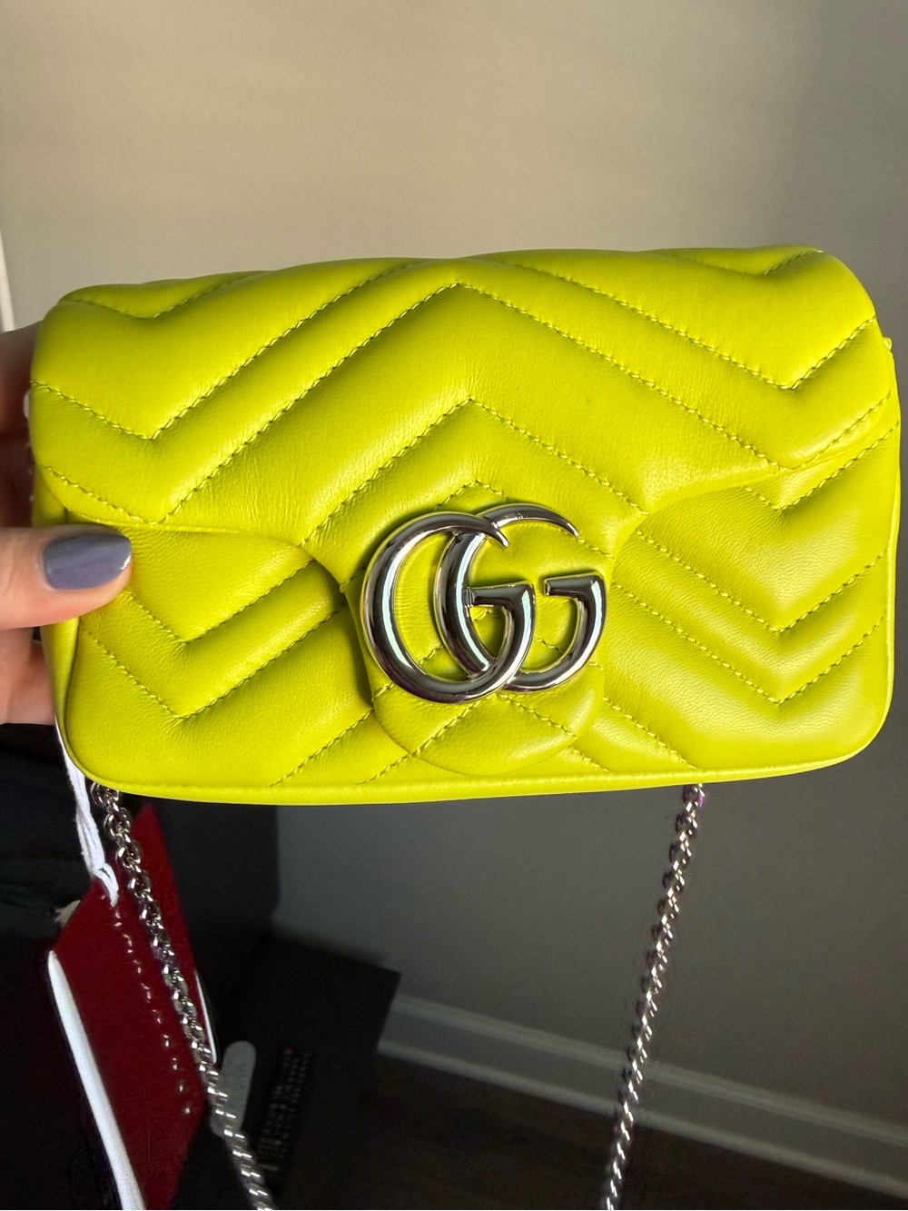 Gucci Marmont Super Mini Neon Chartreuse Matelassé Chain Crossbody NWT